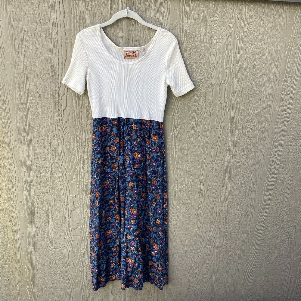 Vtg 90's Studio Ease Maxi Dress Sz‎ 6 Floral Navy  Ivory Waffle Prairie Cottage